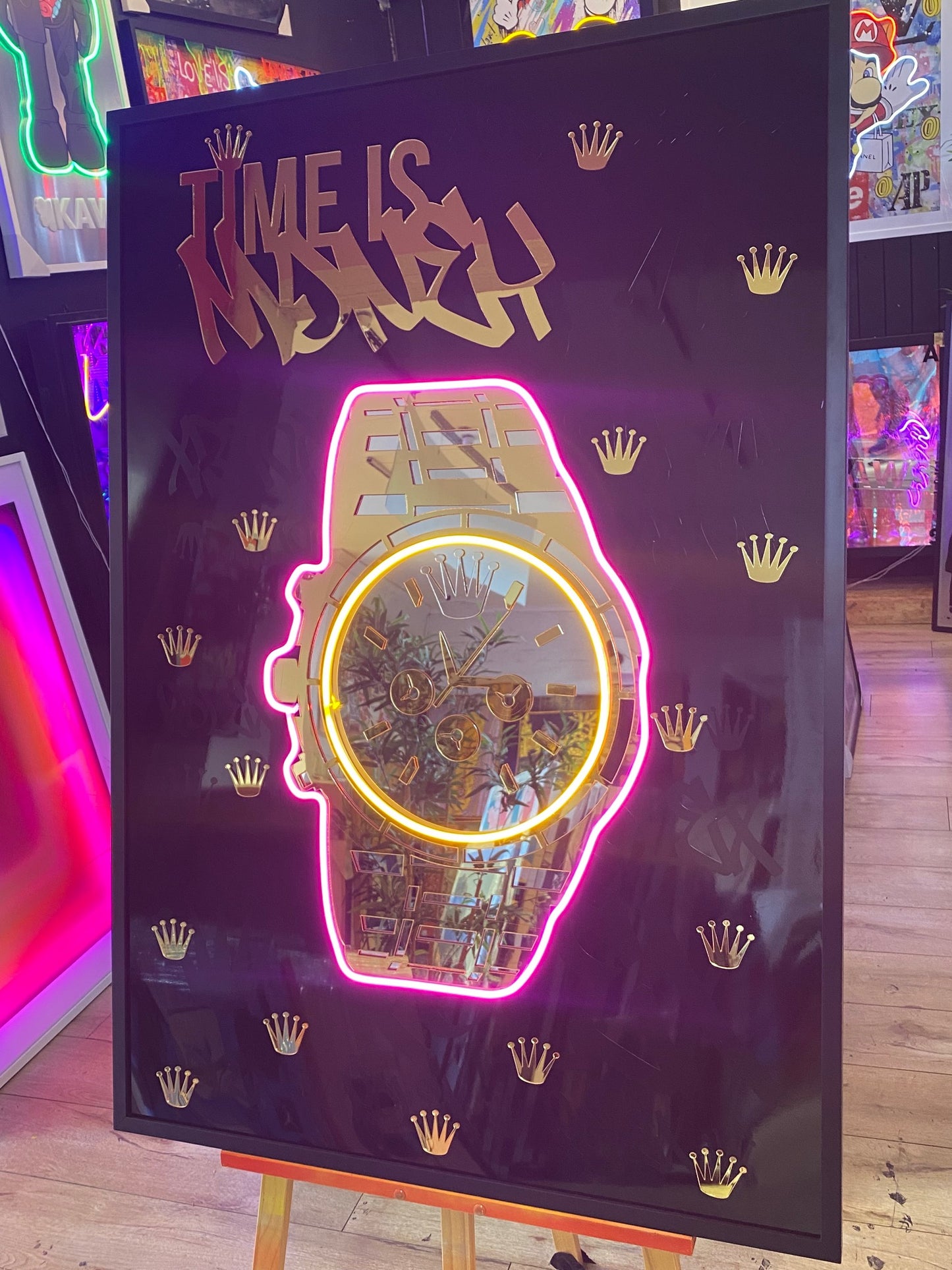 Watch "Time is Money" LED | 860x1250mm | On Black Metallic Surface