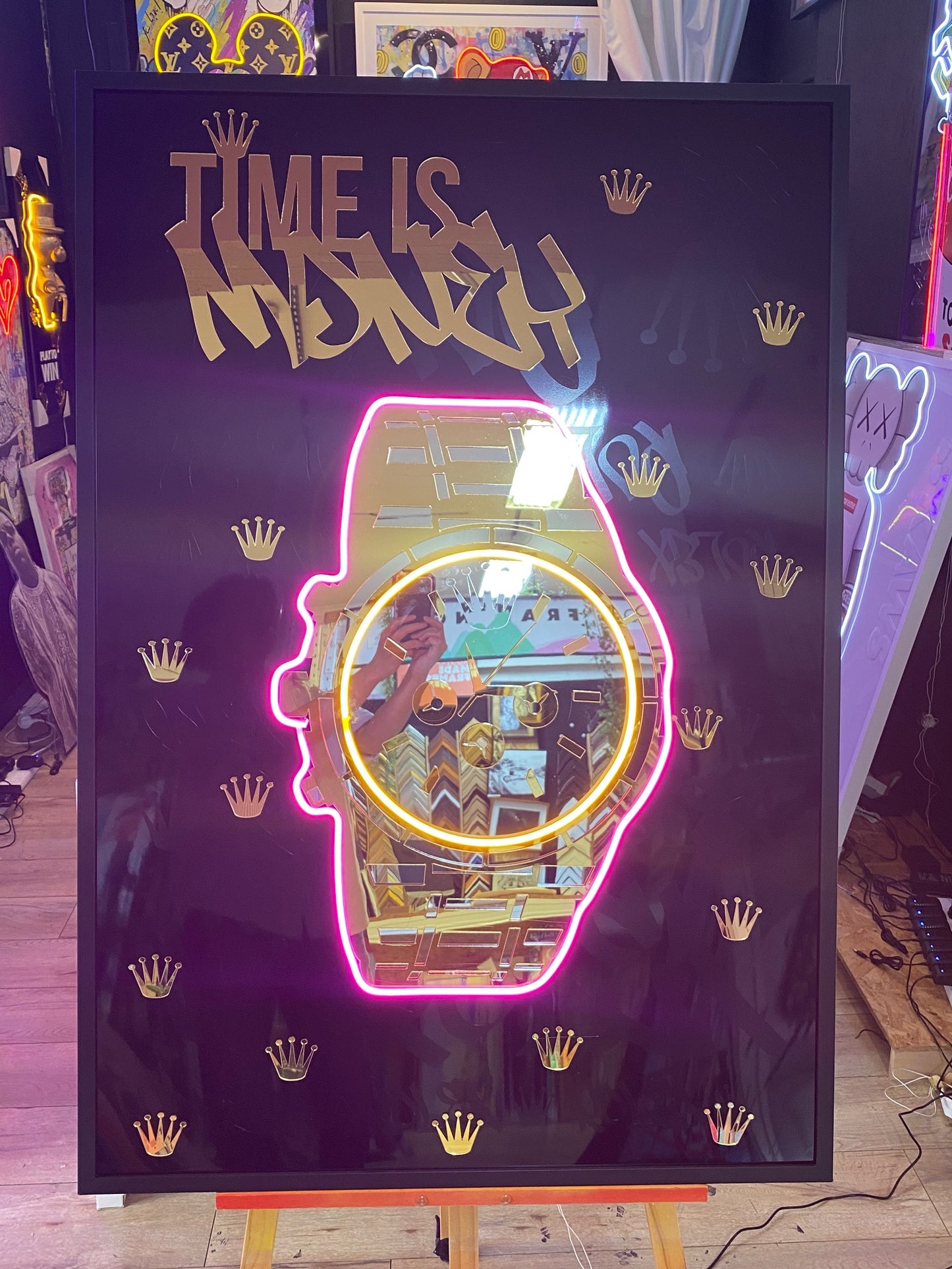 Watch "Time is Money" LED | 860x1250mm | On Black Metallic Surface