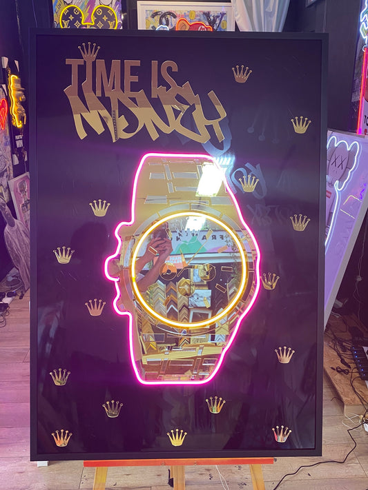 Watch "Time is Money" LED | 860x1250mm | On Black Metallic Surface